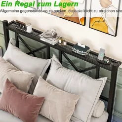 Lit Double 140x200 cm - Lit Adulte Moderne, avec Rangements, Éclairage LED Multicolore et Prises USB - Métal Noir, sans Matelas