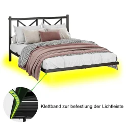 Lit Double 140x200 cm - Lit Adulte Moderne, avec Rangements, Éclairage LED Multicolore et Prises USB - Métal Noir, sans Matelas