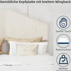 Lit Double 160x200 cm - Lit Adulte Style Moderne avec Tête de Lit Confortable, en Tissu Beige, Sans Matelas