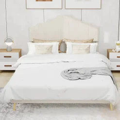 Lit Double 160x200 cm - Lit Adulte Style Moderne avec Tête de Lit Confortable, en Tissu Beige, Sans Matelas