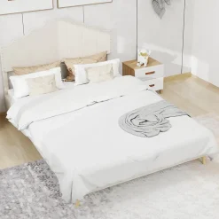 Lit Double 160x200 cm - Lit Adulte Style Moderne avec Tête de Lit Confortable, en Tissu Beige, Sans Matelas