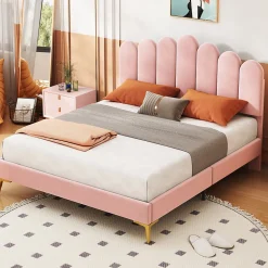 Lit Double 140x200 cm - Lit avec Tête de Lit et Sommier À Lattes, Sans Matelas, en Velours Rose