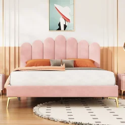 Lit Double 140x200 cm - Lit avec Tête de Lit et Sommier À Lattes, Sans Matelas, en Velours Rose