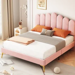 Lit Double 140x200 cm - Lit avec Tête de Lit et Sommier À Lattes, Sans Matelas, en Velours Rose