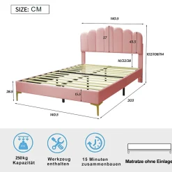 Lit Double 140x200 cm - Lit avec Tête de Lit et Sommier À Lattes, Sans Matelas, en Velours Rose