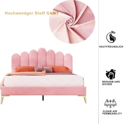 Lit Double 140x200 cm - Lit avec Tête de Lit et Sommier À Lattes, Sans Matelas, en Velours Rose