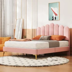 Lit Double 140x200 cm - Lit avec Tête de Lit et Sommier À Lattes, Sans Matelas, en Velours Rose