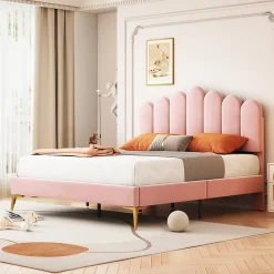 Lit Double 140x200 cm - Lit avec Tête de Lit et Sommier À Lattes, Sans Matelas, en Velours Rose