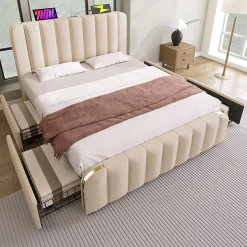 Lit double 140x200 cm - Lit avec tiroirs et fonction USB Type-C - Lin - Matelas Inclus - Beige