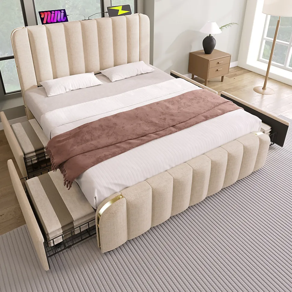 Lit double 140x200 cm - Lit avec tiroirs et fonction USB Type-C - Lin - Matelas Inclus - Beige