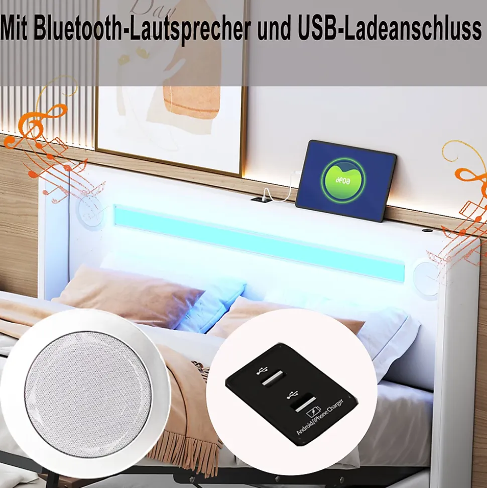 Lit Double 160x200 cm - Lit avec Éclairage LED, Bluetooth et USB Intégré, Coffre PU, Sans Matelas, Blanc