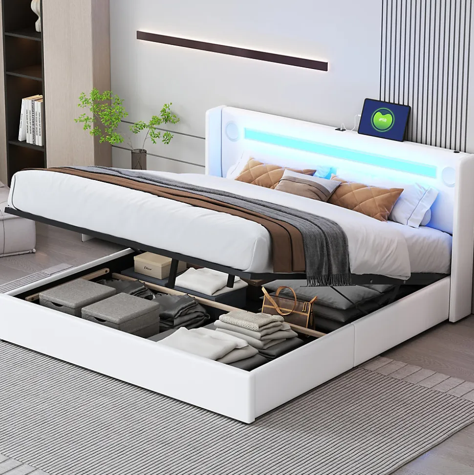 Lit Double 160x200 cm - Lit avec Éclairage LED, Bluetooth et USB Intégré, Coffre PU, Sans Matelas, Blanc