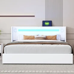 Lit Double 160x200 cm - Lit avec Éclairage LED, Bluetooth et USB Intégré, Coffre PU, Sans Matelas, Blanc