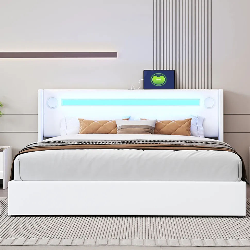 Lit Double 160x200 cm - Lit avec Éclairage LED, Bluetooth et USB Intégré, Coffre PU, Sans Matelas, Blanc