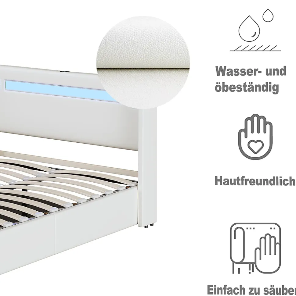Lit Double 160x200 cm - Lit avec Éclairage LED, Bluetooth et USB Intégré, Coffre PU, Sans Matelas, Blanc