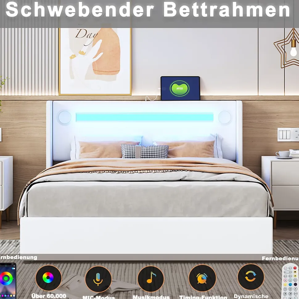 Lit Double 160x200 cm - Lit avec Éclairage LED, Bluetooth et USB Intégré, Coffre PU, Sans Matelas, Blanc