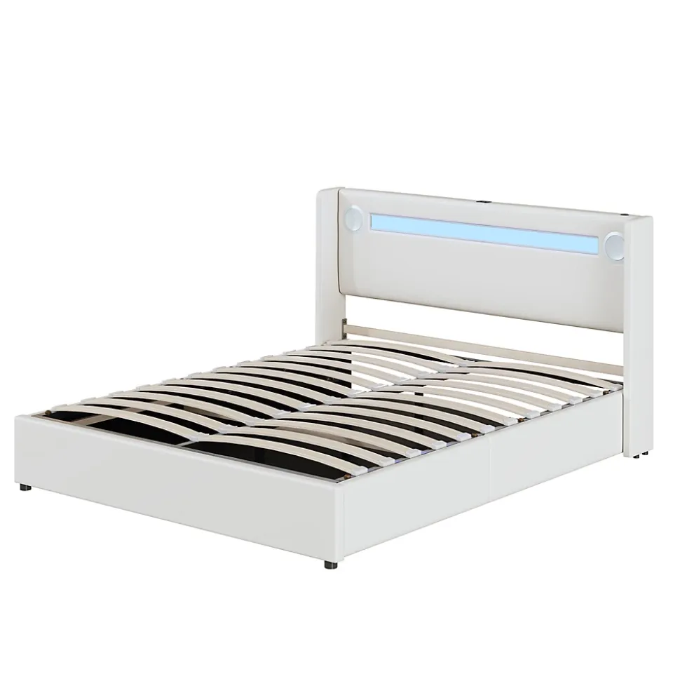 Lit Double 160x200 cm - Lit avec Éclairage LED, Bluetooth et USB Intégré, Coffre PU, Sans Matelas, Blanc