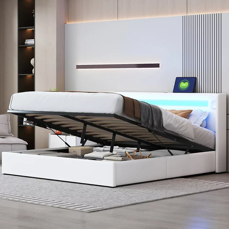 Lit Double 160x200 cm - Lit avec Éclairage LED, Bluetooth et USB Intégré, Coffre PU, Sans Matelas, Blanc