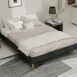 Lit Double 140x200 cm - Lit Bas Contemporain Adulte et Ado, Cadre Minimaliste et Robuste, Sans Tête de Lit, Sans Matelas, Gris