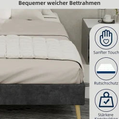 Lit Double 140x200 cm - Lit Bas Contemporain Adulte et Ado, Cadre Minimaliste et Robuste, Sans Tête de Lit, Sans Matelas, Gris