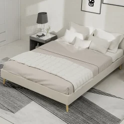 Lit Double 140x200 cm - Lit Bas Adulte et Ado, Design Minimaliste pour Chambre Moderne, Sans Matelas, Beige
