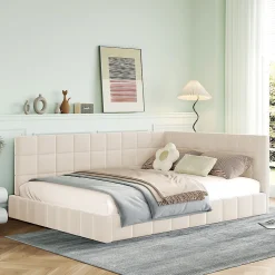 Lit Double 140x200 cm - Lit Canapé enfant, Structure Robuste avec Velours Doux au Toucher, Sans Matelas - Beige