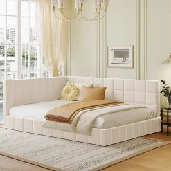 Lit Double 140x200 cm - Lit Canapé enfant, Structure Robuste avec Velours Doux au Toucher, Sans Matelas - Beige