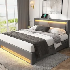Lit Double 140x190 cm - Lit Capitonné PU avec Rangement et Éclairage LED Intégré - Gris - Sans Matelas