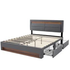 Lit Double 140x190 cm - Lit Capitonné PU avec Rangement et Éclairage LED Intégré - Gris - Sans Matelas
