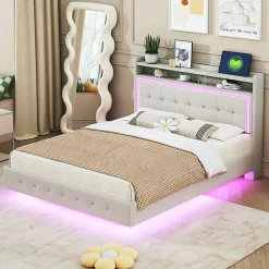 Lit Double 140x200 cm - Lit capitonné Adulte avec LED Intégrée et Port USB, Pieds Cachés Lin Beige