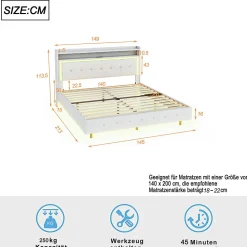 Lit Double 140x200 cm - Lit capitonné Adulte avec LED Intégrée et Port USB, Pieds Cachés Lin Beige