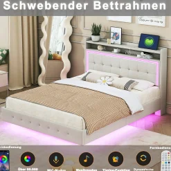 Lit Double 140x200 cm - Lit capitonné Adulte avec LED Intégrée et Port USB, Pieds Cachés Lin Beige