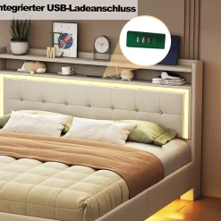 Lit Double 140x200 cm - Lit capitonné Adulte avec LED Intégrée et Port USB, Pieds Cachés Lin Beige