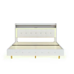 Lit Double 140x200 cm - Lit capitonné Adulte avec LED Intégrée et Port USB, Pieds Cachés Lin Beige