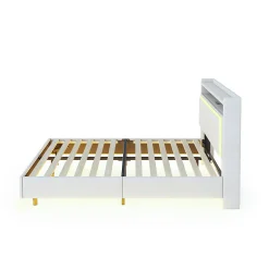 Lit Double 140x200 cm - Lit capitonné Adulte avec LED Intégrée et Port USB, Pieds Cachés Lin Beige