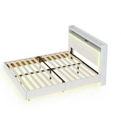 Lit Double 140x200 cm - Lit capitonné Adulte avec LED Intégrée et Port USB, Pieds Cachés Lin Beige