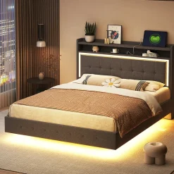 Lit Double 140x200 cm - Lit capitonné Adulte avec LED Intégrée et Port USB, Pieds Cachés Lin Gris