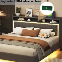 Lit Double 140x200 cm - Lit capitonné Adulte avec LED Intégrée et Port USB, Pieds Cachés Lin Gris