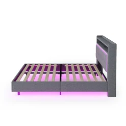 Lit Double 140x200 cm - Lit capitonné Adulte avec LED Intégrée et Port USB, Pieds Cachés Lin Gris
