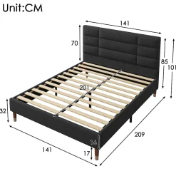 Lit double 140x200 cm - Lit capitonné avec sommier à lattes - Lin - Sans Matelas - Noir