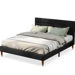 Lit double 140x200 cm - Lit capitonné avec sommier à lattes - Lin - Sans Matelas - Noir