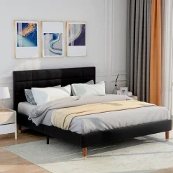 Lit double 140x200 cm - Lit capitonné avec sommier à lattes - Lin - Sans Matelas - Noir