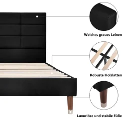 Lit double 140x200 cm - Lit capitonné avec sommier à lattes - Lin - Sans Matelas - Noir