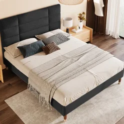 Lit double 140x200 cm - Lit capitonné avec sommier à lattes - Lin - Sans Matelas - Noir