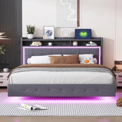 Lit Double 160x200 cm - Lit capitonné Adulte avec LED Intégrée et Port USB, Pieds Cachés Lin Gris