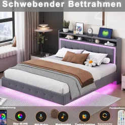 Lit Double 160x200 cm - Lit capitonné Adulte avec LED Intégrée et Port USB, Pieds Cachés Lin Gris