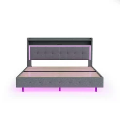 Lit Double 160x200 cm - Lit capitonné Adulte avec LED Intégrée et Port USB, Pieds Cachés Lin Gris