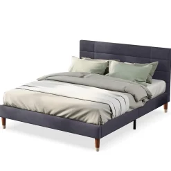 Lit double 140x200 cm - Lit capitonné avec tête de lit - Lin - Sans Matelas - Gris