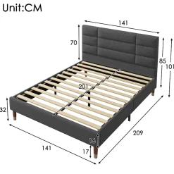 Lit double 140x200 cm - Lit capitonné avec tête de lit - Lin - Sans Matelas - Gris
