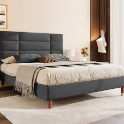 Lit double 140x200 cm - Lit capitonné avec tête de lit - Lin - Sans Matelas - Gris